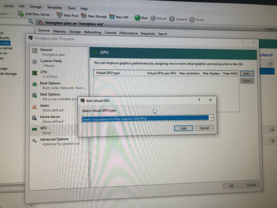 Photo - XCP-ng Selecting the iGPU to passthrough to VM