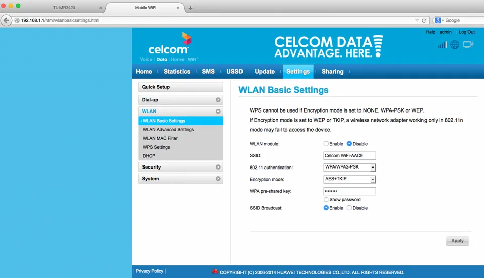 Photo - Celcom PortaWiFi admin page