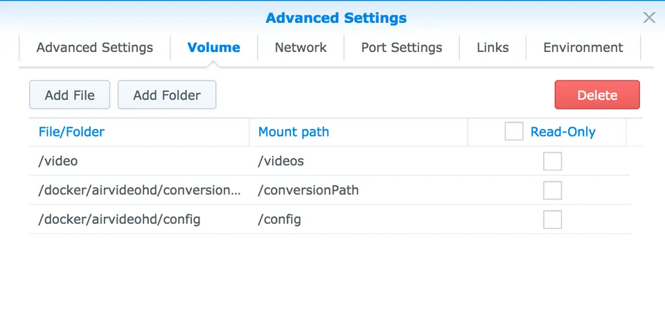 Photo - AirVideoHD Docker - Volume Mount Paths